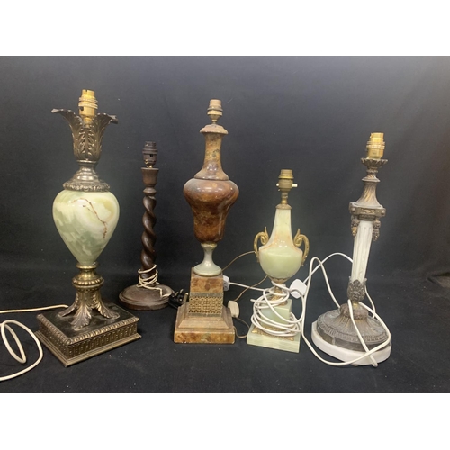 594 - 4 Onyx and gilt brass table lamps and 1 other, tallest 51cms