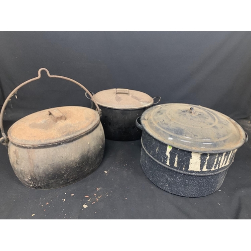 596 - Two large enamel pans diameter 42 cms & 37 cms and one cast iron cauldron diameter 37 cms