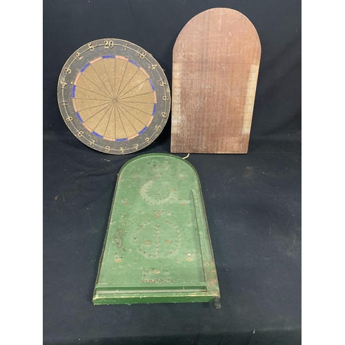 599 - Vintage dart board, shove halfpenny board and tokens and Bagatelle board