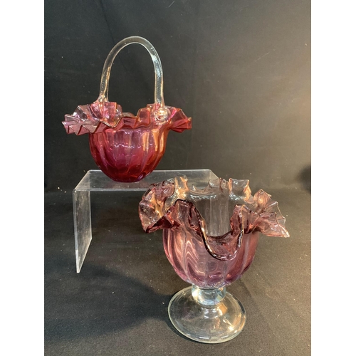 615 - Cranberry glass basket, height 23cms and vase