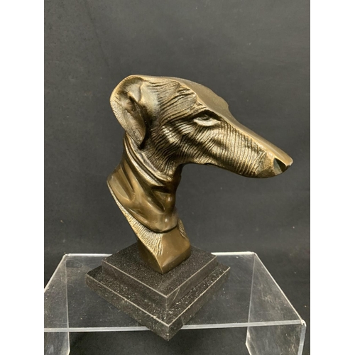 624 - Bronze greyhound bust on marble plinth, height 22cms