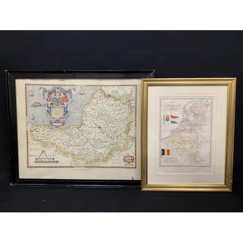 633 - Framed print of Saxons Map of Somerset, 1575, and Map of Belgium 40 x 50cms