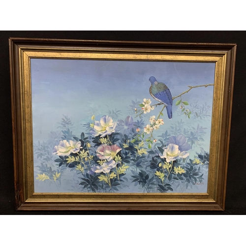 634 - Large framed oil on canvas of pigeon and flowers, Signed, 93 x 74cms