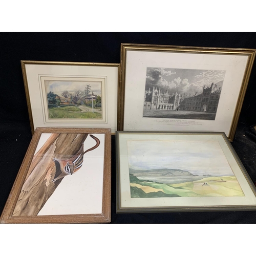 637 - 3 framed watercolours and framed engraving of Trinity College Cambridge.