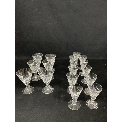 655 - Waterford Crystal glasses Tramore - 6 wine, 11 sherry/liquor (Etched on base) no damage