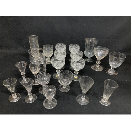 658 - Quantity antique glass including 6 Lead crystal etched wine glasses, measuring jug and other. (2 rum... 