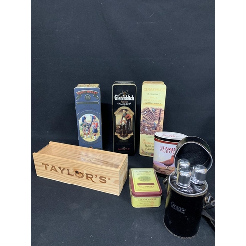 710 - Empty whisky tins, Port box and Grants 3 Bottle hip flask