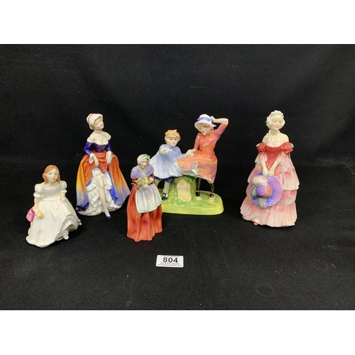 804 - Four Doulton Lady figures, (Veronica head glued) and one other figure