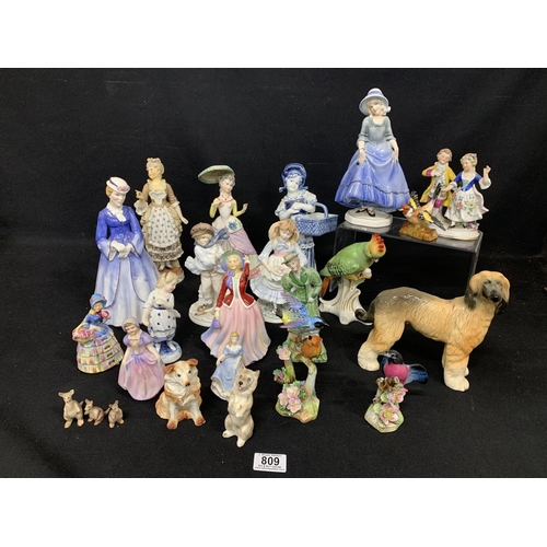 809 - Collection of assorted figures, including 2 Coalport and small Doulton Dog (3 figures on stand a/f)