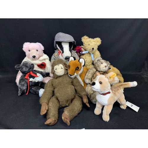 822 - Steiff Dog, Steiff Fox a/f, 3 Merrythought soft toys, Badger & 3 other teddies