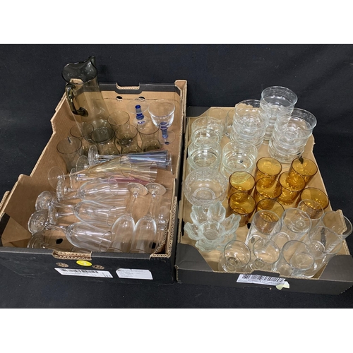 1046 - Two trays of glasses and glassware including water set and flutes