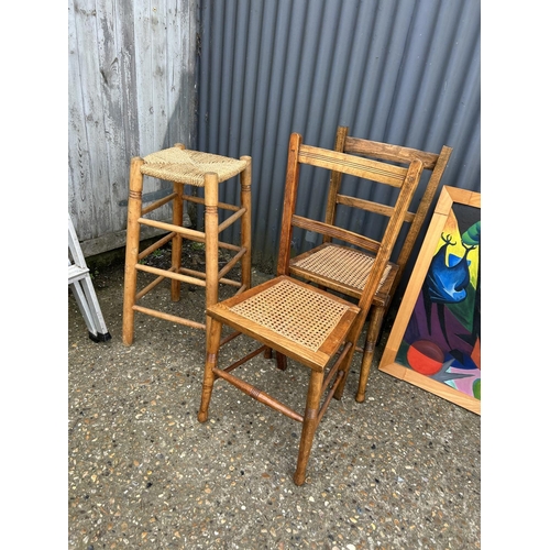 107 - Two begere chairs, stool, abstract picture and