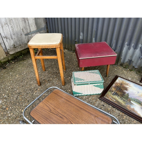 121 - Three pictures, retro trolley, stool,two sewing boxes