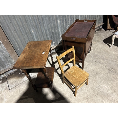 15 - An oak barley twist table together with childs chair and drinks trolley