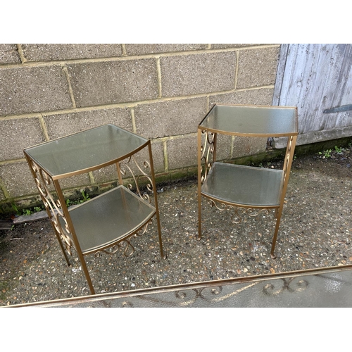 188 - A mid century metalwork set of two side tables and matching coffee table with textured glass top