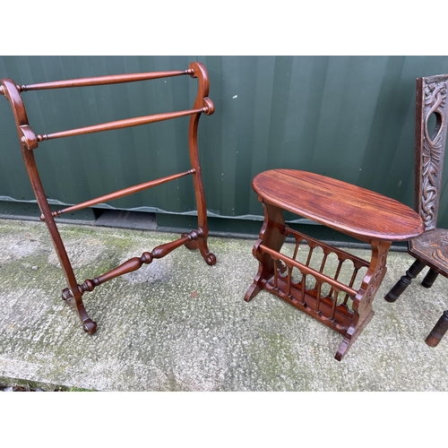 210 - Two spinning chairs, magazine rack and towel rail