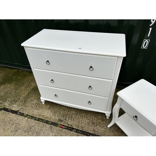 253 - A modern white chest of three together with matching bedside 105x50x100