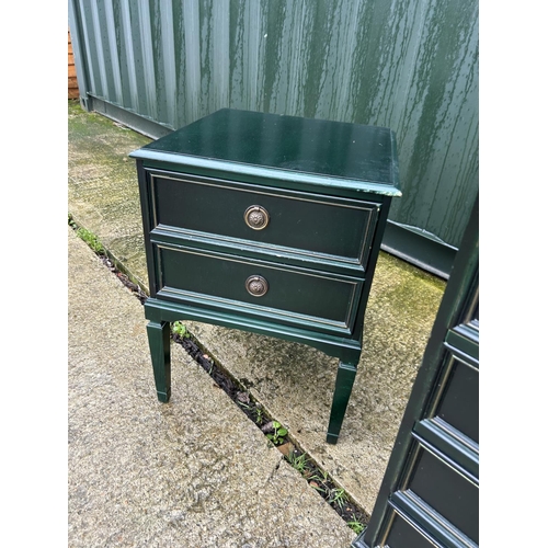 256 - A green painted chest of six drawers together with a pair of two drawer bedsides