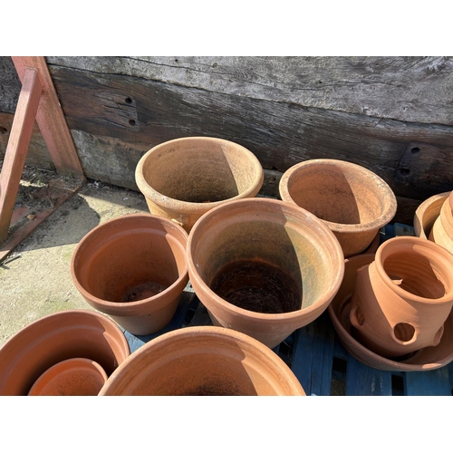 318 - A collection of 15 terracotta garden pots inc strawberry pot together with a tub of feet