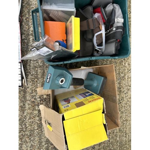 328 - Two green tubs of assorted tools together with a box containing striped and ratchet puller