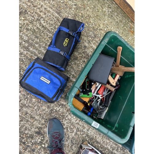 328 - Two green tubs of assorted tools together with a box containing striped and ratchet puller