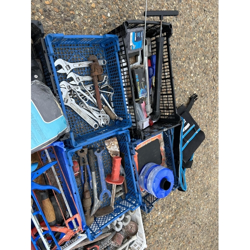 334 - Nine plastic trays of assorted tools including hammers, garden tools, spanner's etc