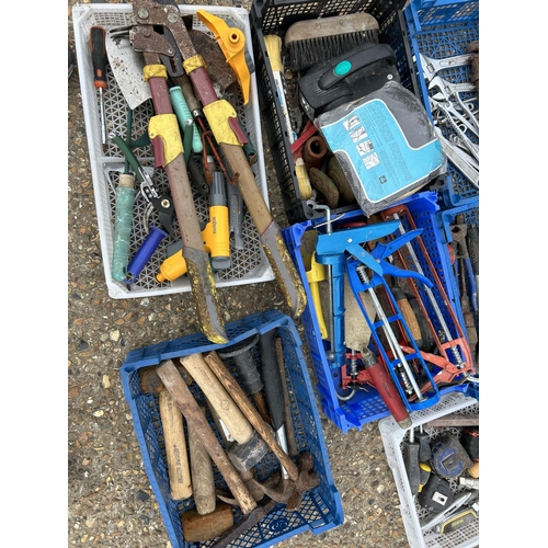 334 - Nine plastic trays of assorted tools including hammers, garden tools, spanner's etc