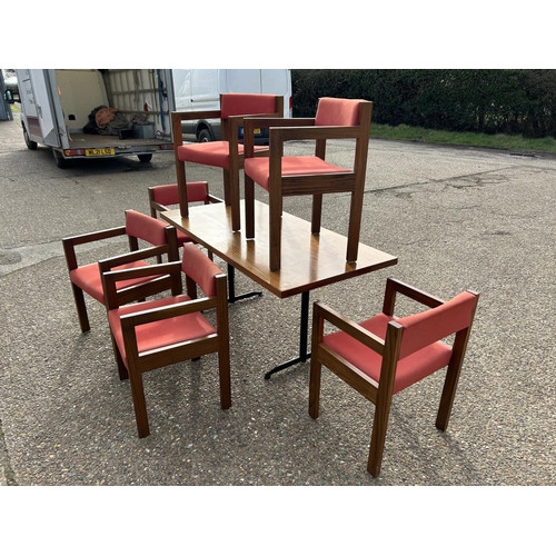 83 - A mid century teak table 76x154 together with a set of Swedish style teak framed carver chairs with ... 