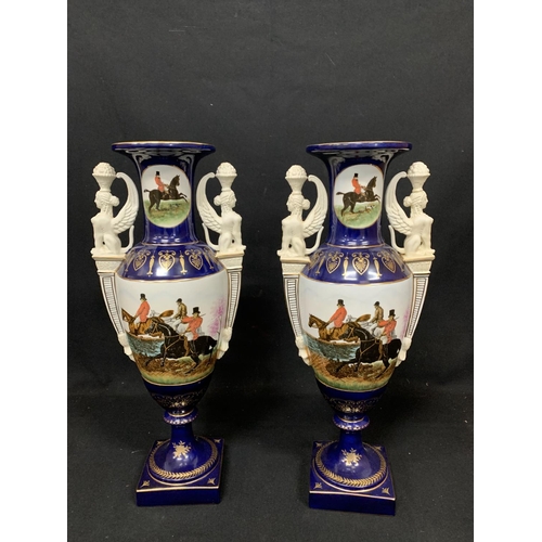 473 - Pair Sevres style porcelain Hunting scene vases, height 48cms