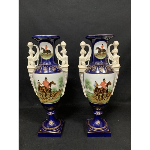 473 - Pair Sevres style porcelain Hunting scene vases, height 48cms