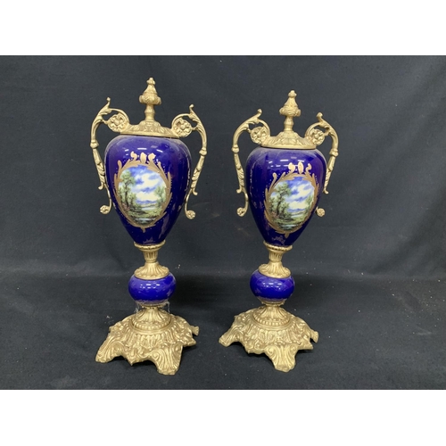 474 - Pair of decorative and Gilt, 2 handled blue Sevres style vases,