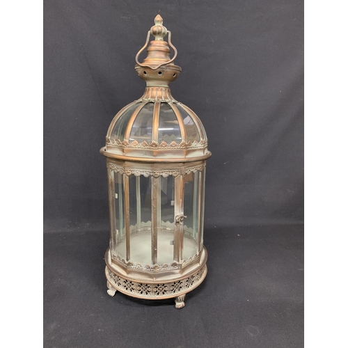 488 - Antique copper effect candle lantern, height 60cms