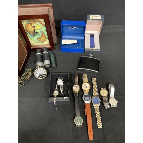 505 - Collection of watches, clock, hip flask etc