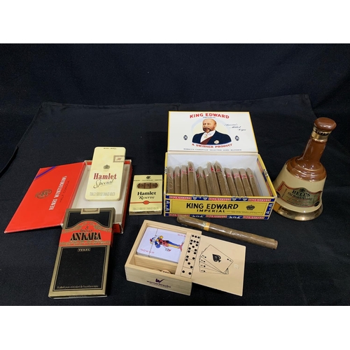 506 - 28 King Edward imperial cigars, 3 sealed packets of cigars, sealed Bells Scotch whisky bell with con... 