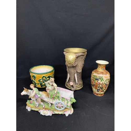 565 - Elephant vase, height 31cms, Chinese vase, leaf plant pot and china horse and cart