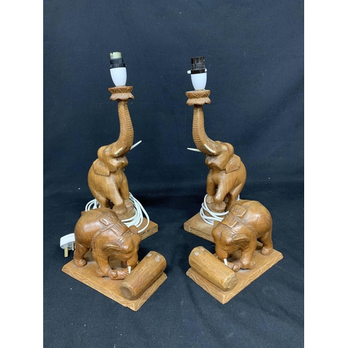 571 - Pair carved Elephant lamp bases, height 35cms to bulb holder and 2 carved Elephant bookends