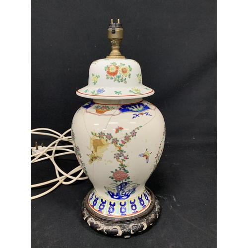 577 - Chinese 19c Temple Vase, wired as a lamp, restored, height 42cms