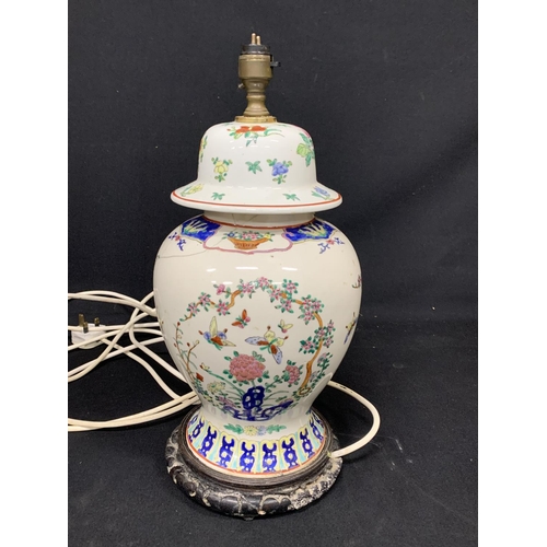 577 - Chinese 19c Temple Vase, wired as a lamp, restored, height 42cms