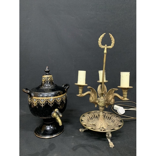 624 - Brass table lamp, height 51cms and a Black lustre urn