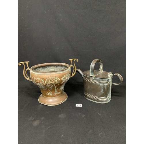 712 - Art Nouveau Copper Jardiniere height 27 cms width 38 cms and Copper hot water can