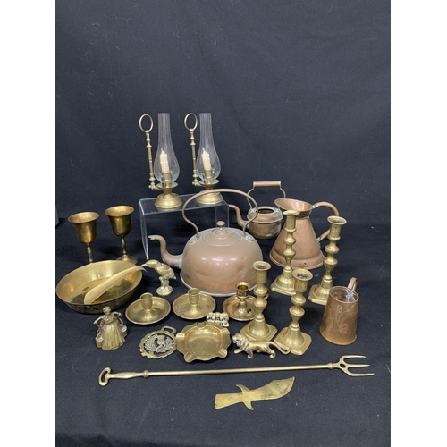 714 - Pair of brass candle lamps, collection of copper and brass