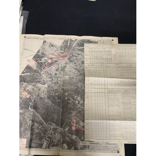 727 - Collection of RAF WW2 documented Log entries, 6 Target Maps and photos relating to bombing raids and... 