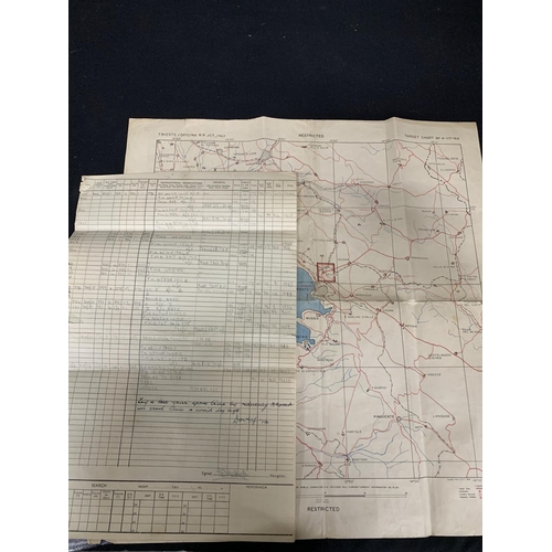 727 - Collection of RAF WW2 documented Log entries, 6 Target Maps and photos relating to bombing raids and... 