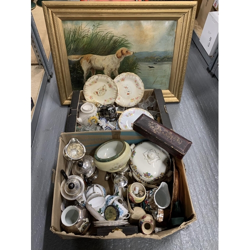 939 - Two trays of china and sundry items and framed painting of dog (3)