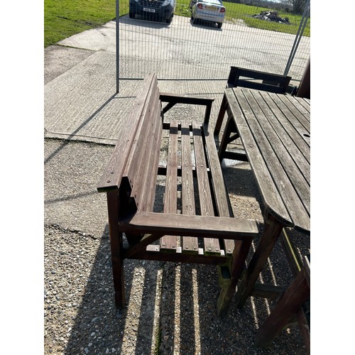 320D - A large wooden garden furniture set consisting of 5ft table, two benches and two chairs