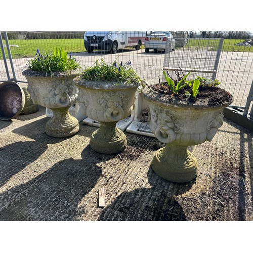 320E - Three very large ornate concrete urns 60cm high x 60cm round