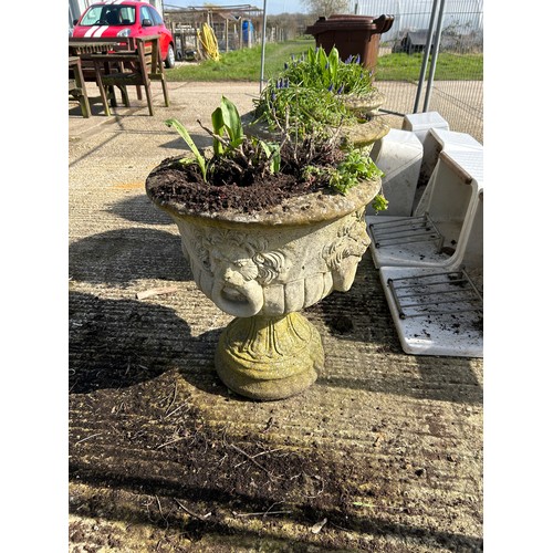 320E - Three very large ornate concrete urns 60cm high x 60cm round