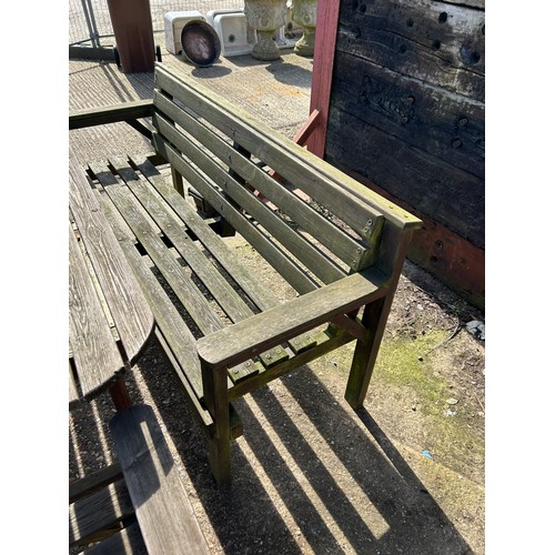 150M - A large wooden garden furniture set consisting of 5ft table, two benches and two chairs