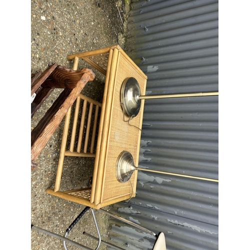 115 - Bamboo coffee table, two standard lamps and a magazine rack