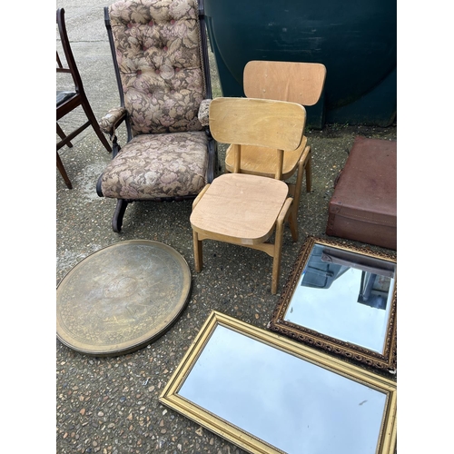 133 - A collection of small antique furniture including two child's chairs, spring rocker, two mirrors, br... 